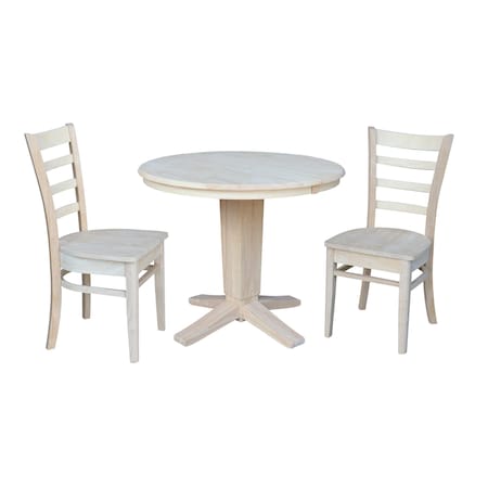 International Concepts 36 in. Solid Wood Round Extension Dining Table with 2 Dining Chairs, Unfinished K-36RXT-23B-C617-2